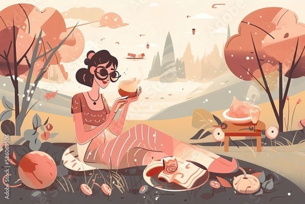 Fototapeta A woman is enjoying a picnic in the park. Generative AI