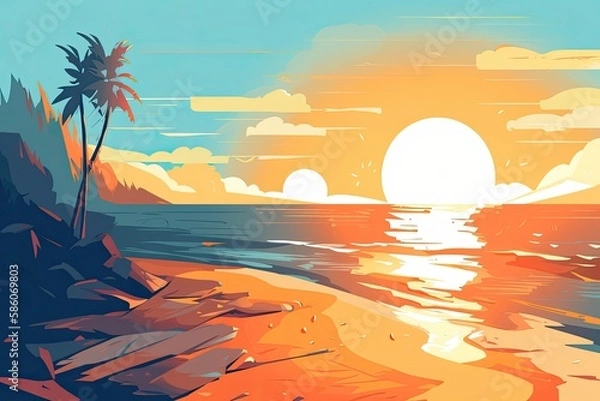 Fototapeta Sunny beach with the sun setting. Generative AI