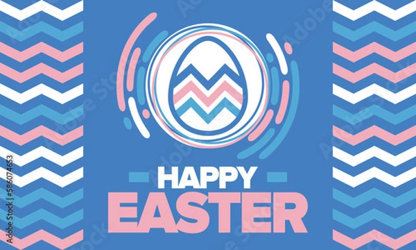 Fototapeta Happy Easter in April. Christian spring holiday in honor of the resurrection of Christ. Biblical history. Traditional dyeing eggs with patterns, fun game for children searching for easter eggs. Vector