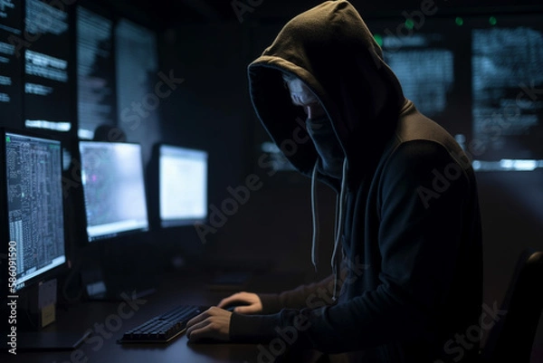 Obraz Hacker dressed in a hoodie, sitting in a dark room surrounded by monitors, coding malicious software. Ai generated