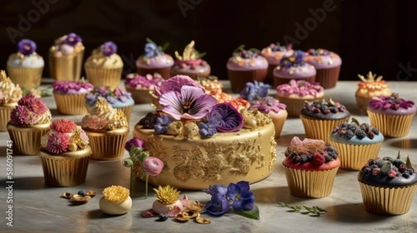 Fototapeta Beautiful Luxury Vanilla Cup Cakes with Golden Leaf, Flowers,  Decorations on Moody backdrop Background AI Generative