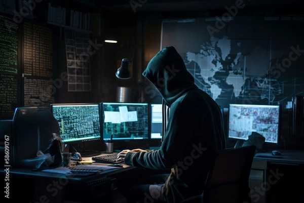 Fototapeta Hacker dressed in a hoodie, sitting in a dark room surrounded by monitors, coding malicious software. Ai generated