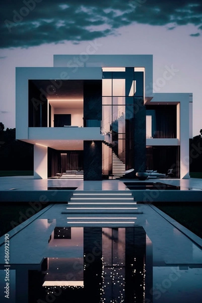 Fototapeta modern cozy house by the river with garage for sale or rent with beautiful mountains on background. Clear summer night with stars on the sky. Cozy warm light from window. Generative AI.