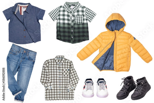 Obraz Collage set of little boys spring clothes isolated on a white background. Denim trousers or pants, a pair of shoes, sneaker, cap, shirts and jacket for child boy. Children's autumn and winter fashion.