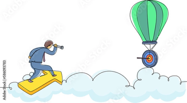 Fototapeta Single one line drawing male employee fly on arrow and using monocular to see business vision on hot air balloon. Business finance goal concept. Continuous line draw design graphic vector illustration
