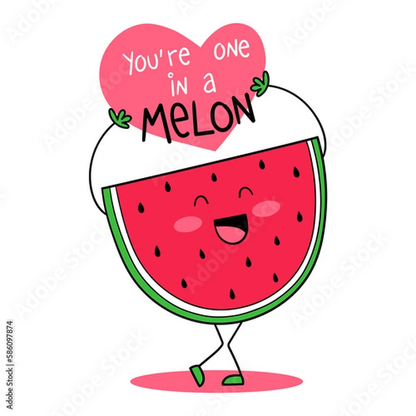 Obraz Illustration of a piece of watermelon holding a heart with the phrase your'e one in a melon, design for t-shirt