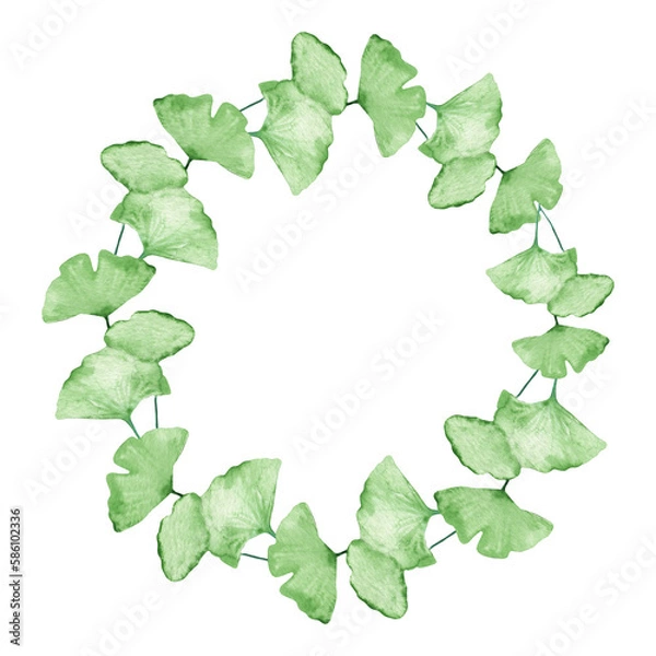 Fototapeta Watercolor frame - illustration with green leaves and branches and golden elements, for wedding stationery, congratulations, wallpapers, and more on white background.