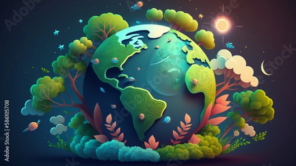Fototapeta Concept of ecology. Smiling globe with trees viewed from space in a starry sky with Generative AI Technology.