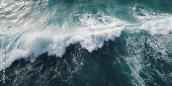 Fototapeta Gorgeous top-down drone image of deep sea waters with white waves splashing. Generative AI