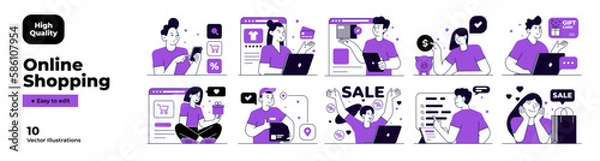 Fototapeta Online shopping and E-commerce concept set. Sale, orders, online payment, delivery, loyalty program. Vector Illustration