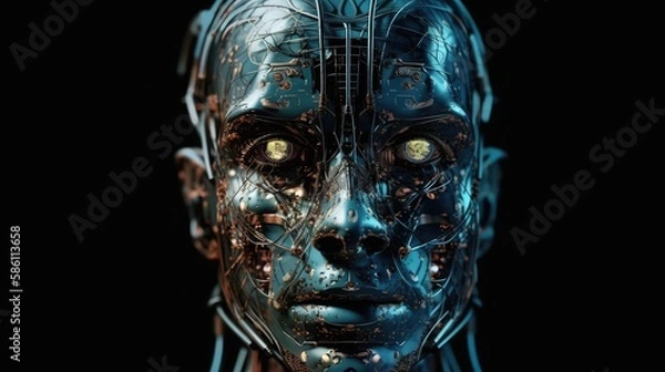 Fototapeta Futuristic robot head or very detailed cyborg face. Artificial intelligence cyborg with glowing eyes and physical metal face. Generative AI. 