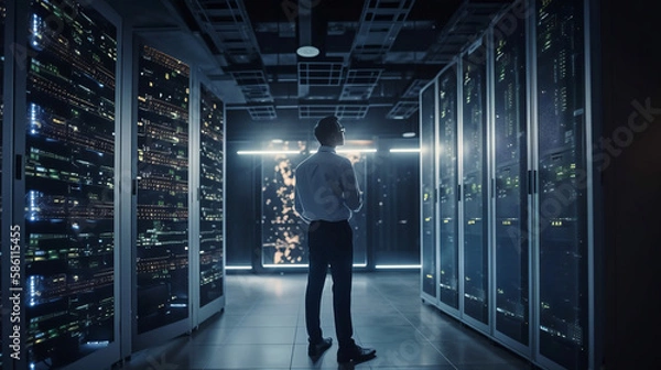 Fototapeta Engineer manager connecting data center on global networking in server room of storage systems and connect of data on internet network business. Generative AI.