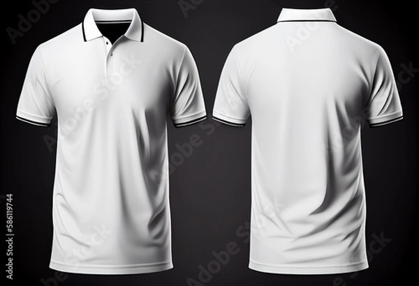 Fototapeta Blank collared shirt mock up template, front and back view, isolated on white, plain t-shirt mockup. Polo tee design presentation for print. Generative AI.