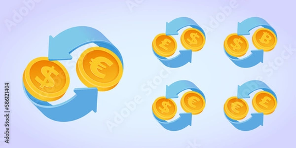 Fototapeta Currency exchange vector icon set: dollar, euro, pound sterling, bitcoin. Money conversion three dimensional illustration. 3D Web Vector Illustration collection.