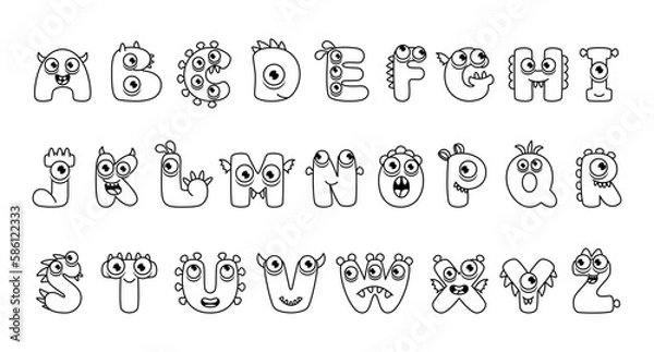 Obraz Monster alphabet coloring page book. Coloring page english alphabet for children with funny and sad monsters. Funny alphabet of cartoon characters vector font letters of comic monster creature faces