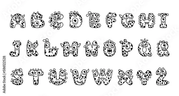 Obraz Monster Alphabet Coloring Book. Latin letters with faces. English alphabet coloring pages for kids with funny and sad monsters. Funny alphabet cartoon characters vector font. Vector illustration