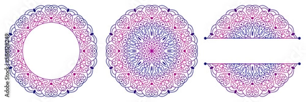 Obraz Set of flower mandalas. Split pattern in form of mandala for Henna Mehndi or tattoo decoration. Decorative ornament in ethnic oriental style, vector illustration.