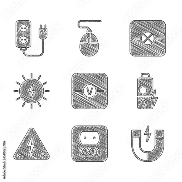 Fototapeta Set Voltmeter, Electrical outlet, Magnet, Battery charge, High voltage, Solar energy panel, Lamp in electronic circuit and extension icon. Vector