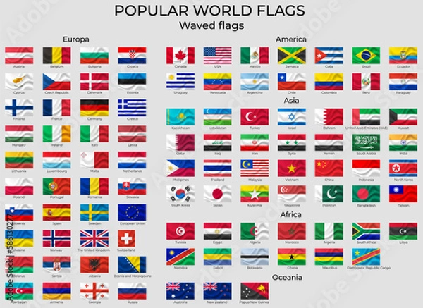 Obraz Vector waved flags of the world with official RGB coloring and detailed emblems. Popular world flags set.