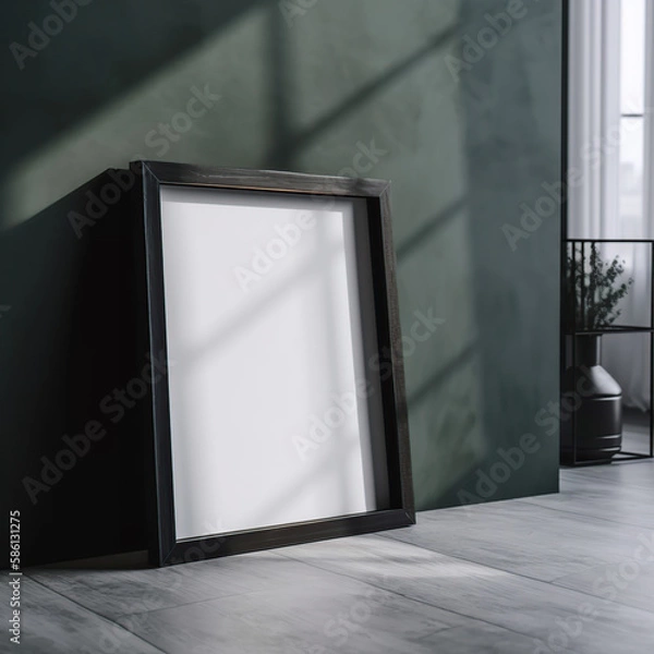 Fototapeta Mockup metal frame in farmhouse scanadinavian living room, bedroom, kitchen... interior, 3d rendering, illustration, scale 1:1 generative AI.