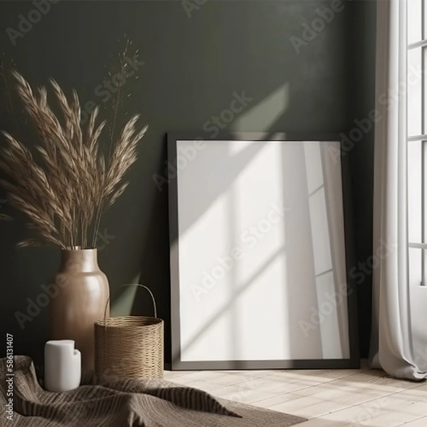 Fototapeta Mockup metal frame in farmhouse scanadinavian living room, bedroom, kitchen... interior, 3d rendering, illustration, scale 1:1 generative AI.