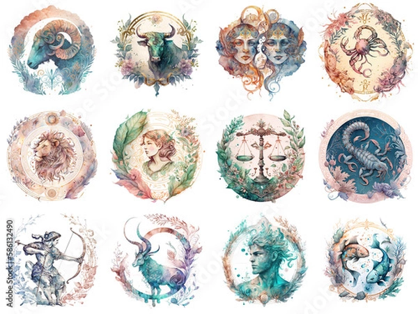 Fototapeta Set of zodiac signs icons. Aries, Leo, Gemini, Taurus, Scorpio, Aquarius, Pisces, Sagittarius, libra, Virgo, Capricorn, and cancer. Watercolour painting style. Generative AI