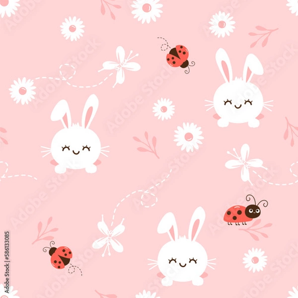 Fototapeta Seamless pattern with bunny rabbit cartoons, ladybirds, butterflies, branches and daisy flower on pink background vector illustration. Cute childish print.