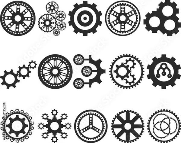 Fototapeta Cogwheel icon set, 15 gear icon set black vector