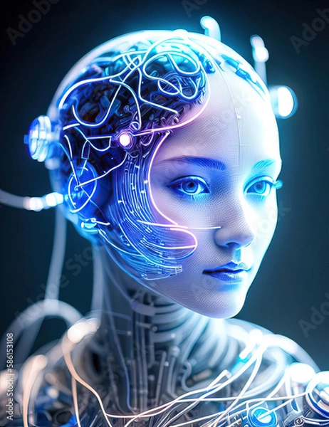 Obraz Illustration of head robot woman with electronic system isolated on black background. Generative AI