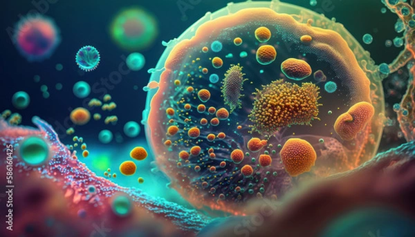 Fototapeta Bacteria and virus cells World under the microscope created with Generative AI technology
