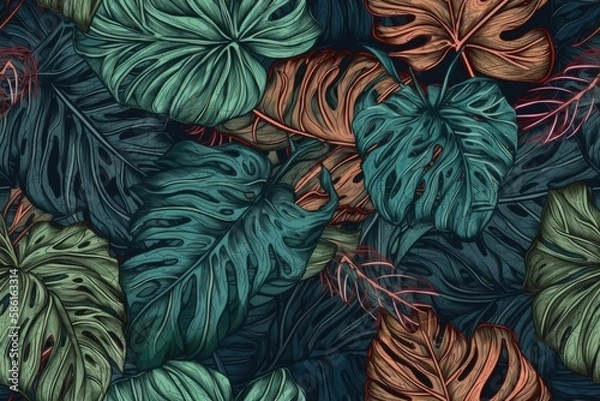 Fototapeta Illustration of green and orange leaves on a black background created with Generative AI technology