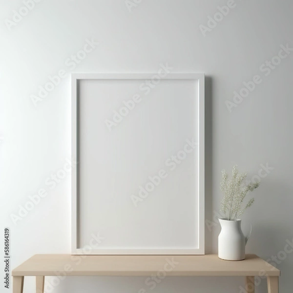 Fototapeta Vertical wooden frame and white portrait frame mock up on the vintage white wall. 3D illustrations, decoration, generative AI.