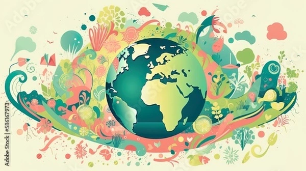 Fototapeta Celebrate Earth Day with a captivating hand-drawn illustration featuring a colorful planet and environmental symbols. Boasting soft colors, bold outlines, and cel shading in a cartoon style.