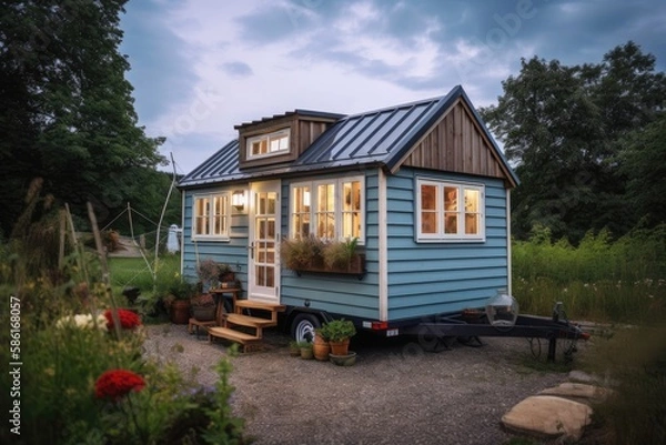 Fototapeta Secluded wooden tiny house in beautiful nature,created with Generative AI
