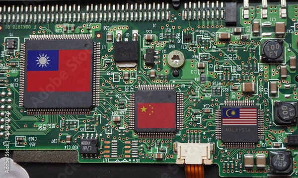 Obraz China, Taiwan and Malaysia flags print screen to microchip. Some chip producing countries in Asia.