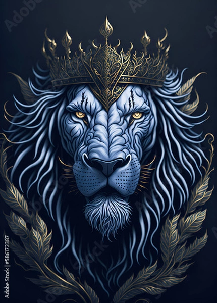 Fototapeta White lion head wearing a crown with a golden pattern hyper-detailed illustration, Generative AI