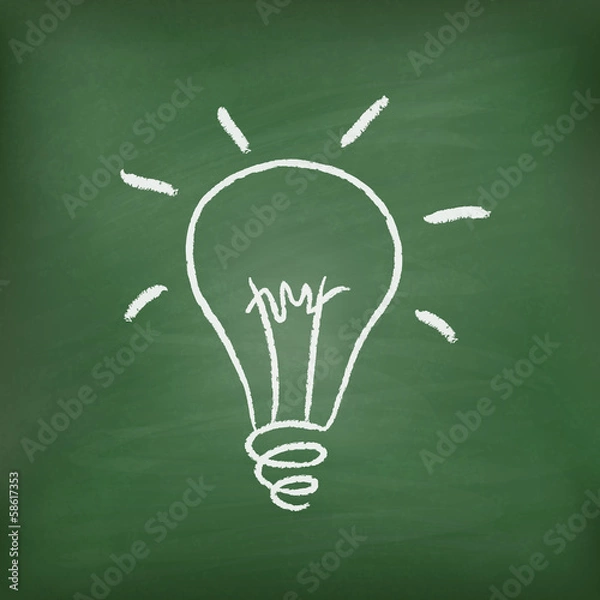 Obraz Light bulb on green chalkboard. Good idea
