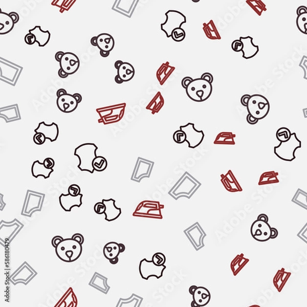 Obraz Set line Leather, Teddy bear plush toy, Sewing pattern and Electric iron on seamless pattern. Vector