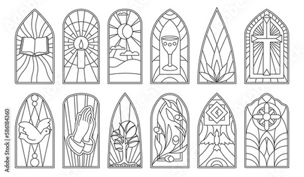 Fototapeta Stained glass vector outline icon set . Collection vector illustration window church on white background. Isolated outline icon set stained glass for web design.