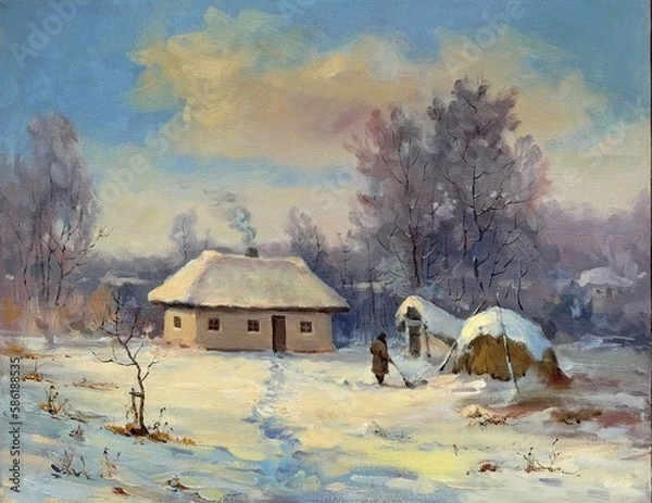 Fototapeta сельская усадьба с домом, засыпанная снегом