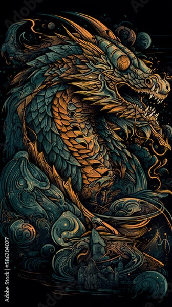 Obraz Dragon illustration, detailed t-shirt design. Generative ai