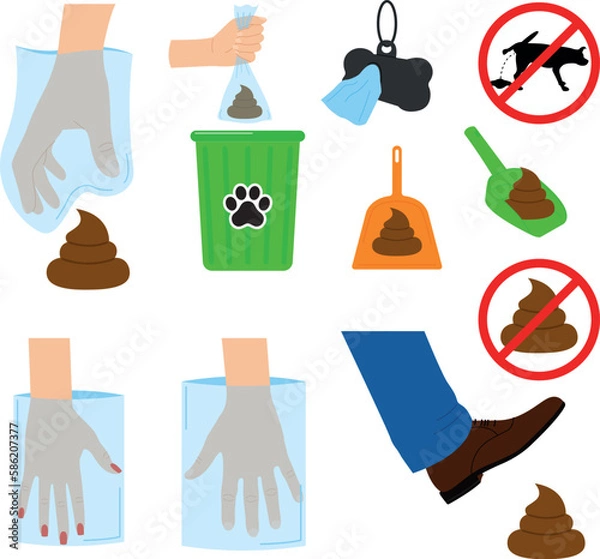 Fototapeta Various cleaning after the pet on the street, vector illustration