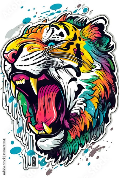 Obraz Sticker tiger illustration, beutiful colorful feline design. Generative ai