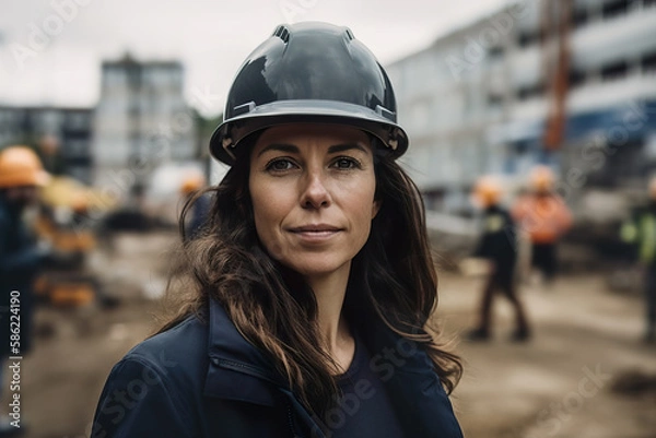 Fototapeta Woman in a hard hat and dark blue coat on a construction site. Generative AI.