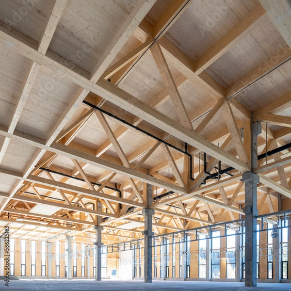 Obraz modern industrial hall with timber trusses and prefabricated concrete columns with many glass facade elements