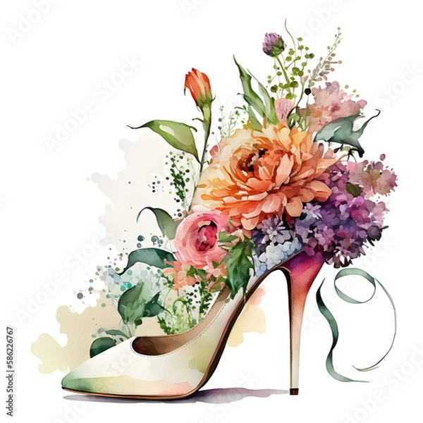 Fototapeta Beautiful peep toe with colorful spring flowers watercolor. Illustration by Generative Ai
