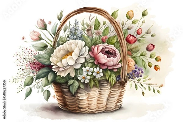 Fototapeta Watercolor Cute basket with spring flowers. Illustration by Generative Ai
