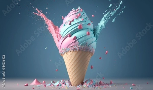 Fototapeta A mouth-watering blue-pink ice cream cone with sprinkles, 3D-render against a white background. Generative AI.