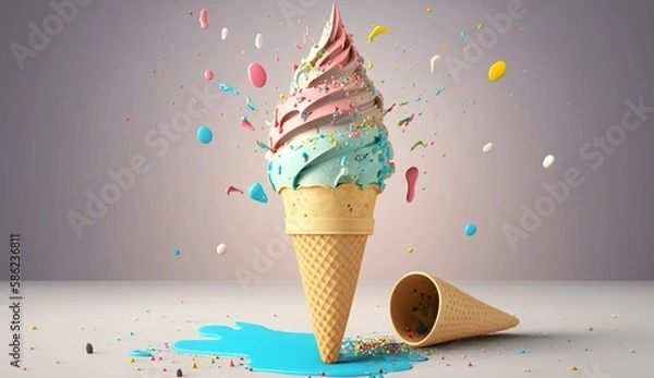 Fototapeta A tempting blue-pink ice cream cone with rainbow sprinkles, 3D-render on a clean background. Generative AI.