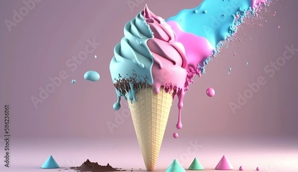 Fototapeta A blue-pink ice cream cone with colorful sprinkles, 3D-render, against a white background. Generative AI.